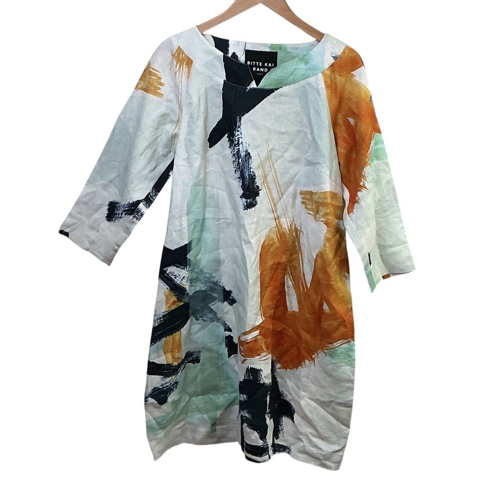 Bitte Kai Rand 100% Linen Abstract Print Shift Dress 3/4 Sleeve Pockets Size M - Picture 5 of 13